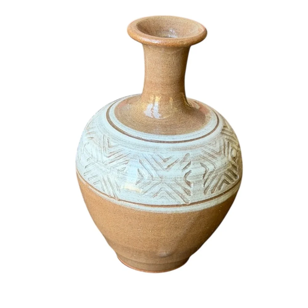 Signed Studio Pottery Bud Vase Hand Thrown Stoneware Tan Blue Geometric Mini